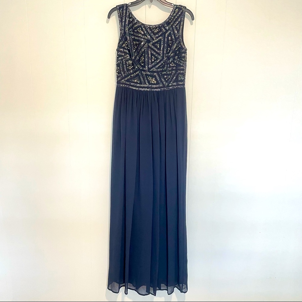 Adrianna Papell Midnight Navy Blue Embellished Sequin Sleeveless Long Dress